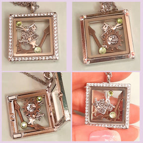 Handmade magical fantasy Alice in Wonderland square locket necklace collage showing front closed with Swarovski crystal border, back view, open locket with White Rabbit and gear charms, and hand size reference, Victorian style vintage style