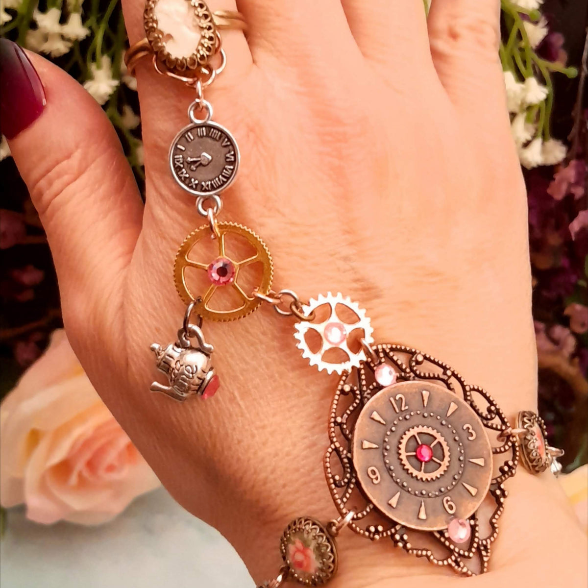 Alice in Wonderland steampunk hand chain slave bracelet with Swarovski rose crystals cameo ring clock charm gears teapot Victorian style vintage style handmade Rachel Flam Design