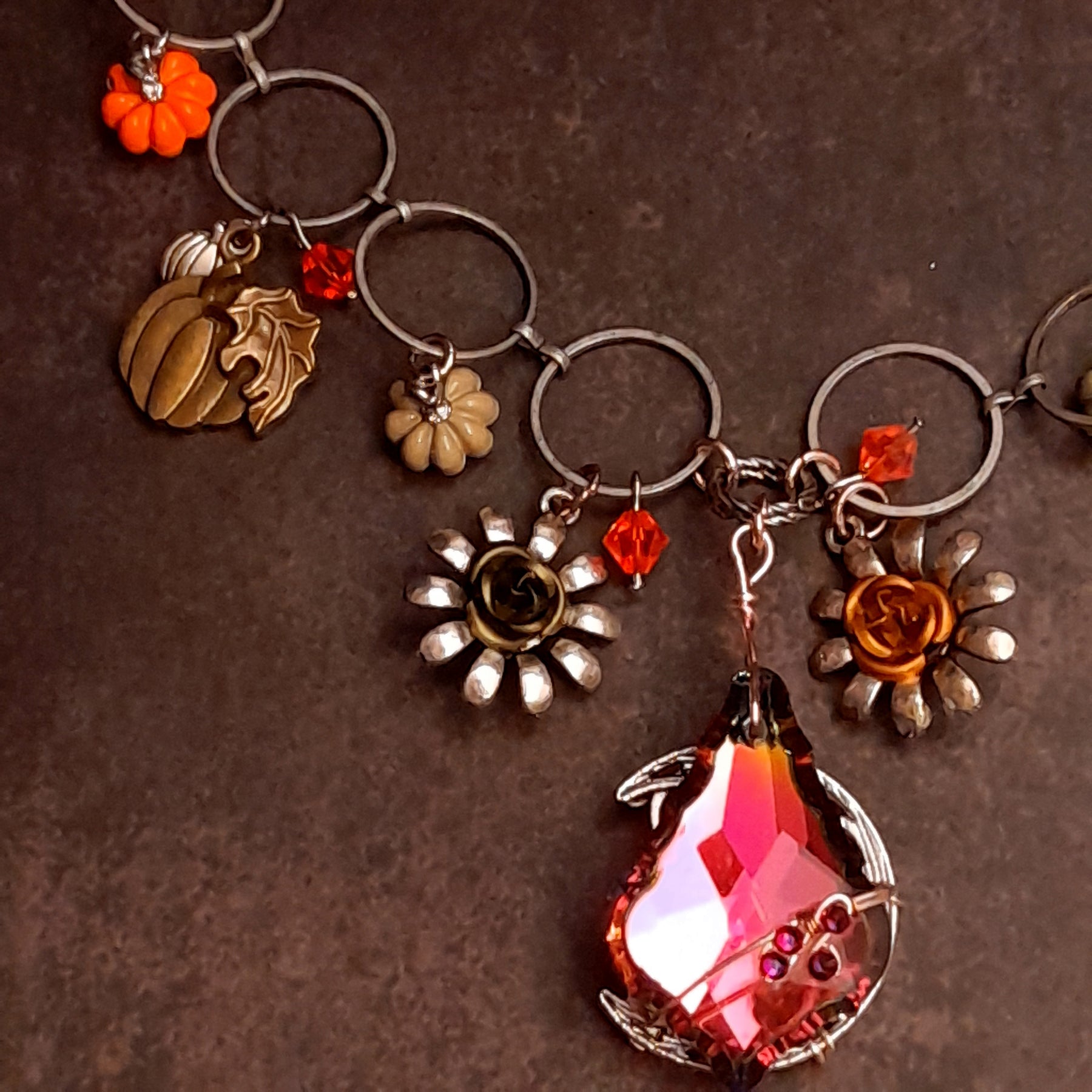 Halloween necklace with a large baroque Volcano Swarovski crystal shifting from pink to purple to a warm yellowish tone, nature-inspired flower details, Victorian style vintage style handmade jewelry