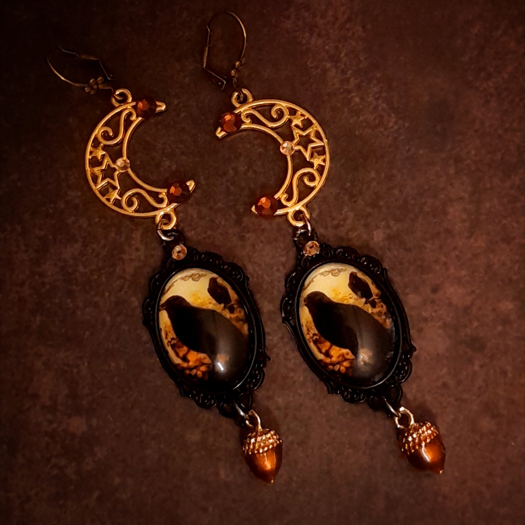 Victorian style black crow and crescent moon long dangle earrings with Swarovski crystals and acorn drops, vintage style nature Halloween jewelry, Rachel Flam Design