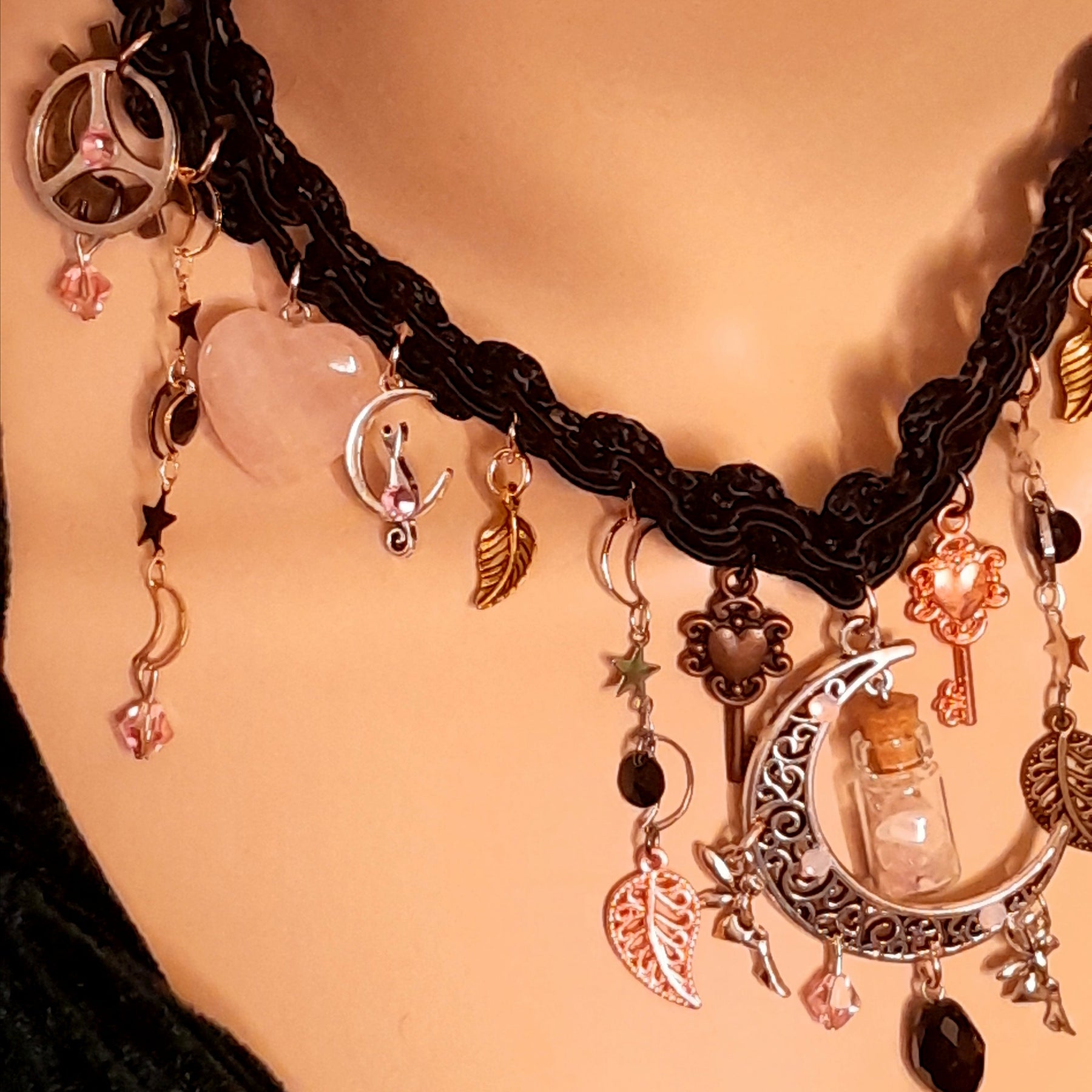 Black fabric choker bridal necklace – magical fantasy gothic wedding jewelry with world-renowned genuine Swarovski jet black and pink crystals, handmade designer dark romantic style
