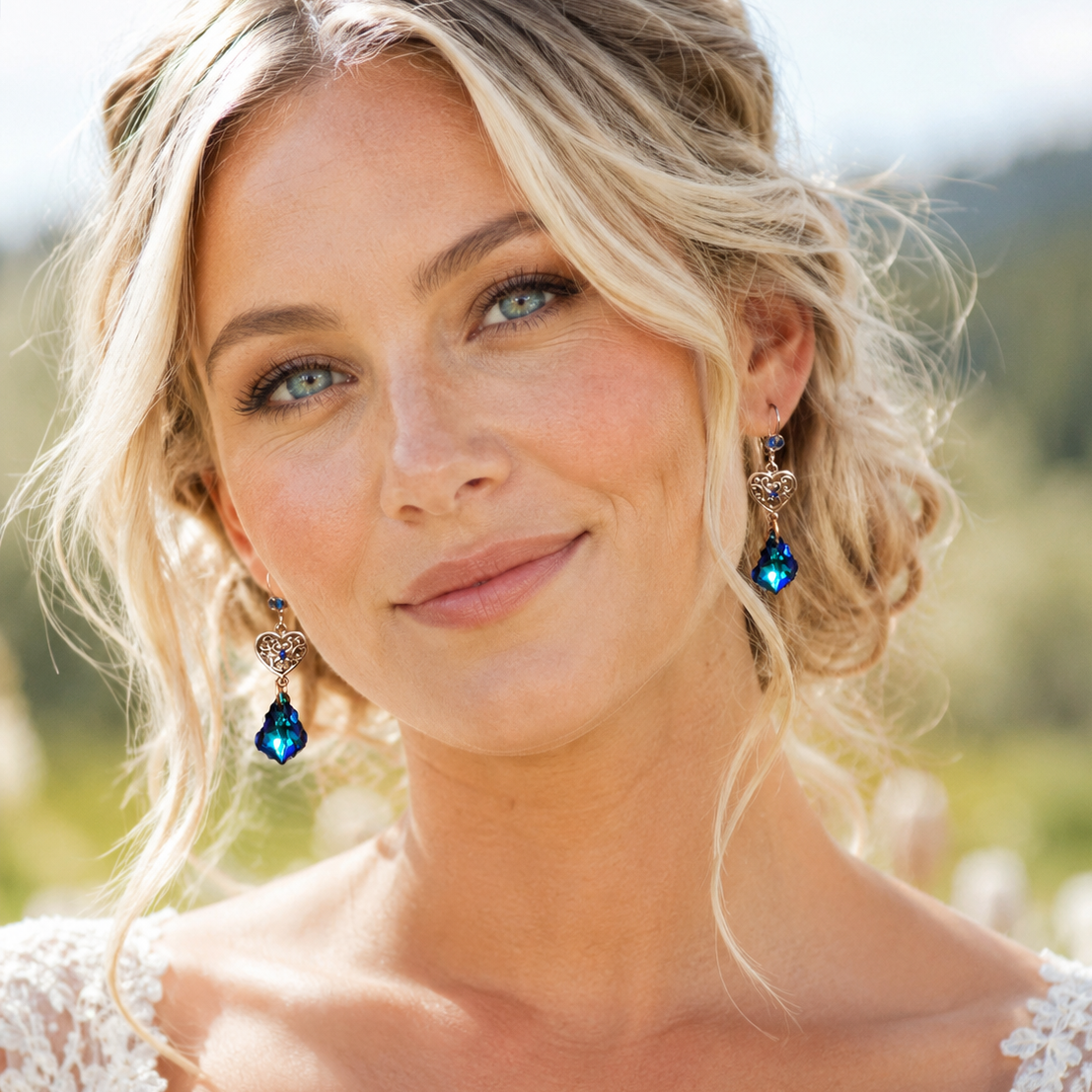 Vintage style blue baroque Swarovski crystal earrings — handmade designer something blue wedding jewelry, Victorian style heart design, bridal and evening wear