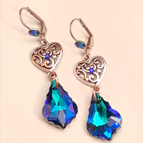 Victorian style something blue bridal earrings with world-renowned genuine Swarovski crystals — handmade designer blue baroque heart wedding jewelry, vintage style