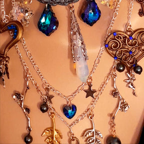 Blue crystal bridal necklace – magical fantasy boho chic something blue wedding jewelry with Swarovski crystals, fairy and flower charms, handmade designer bohemian vintage style
