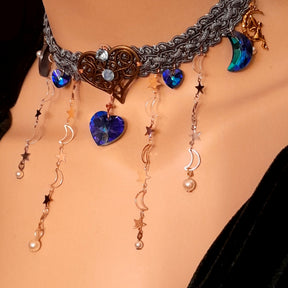 Blue fabric choker necklace – magical fantasy celestial bridal jewelry with world-renowned genuine blue Swarovski crystals, handmade designer Victorian style