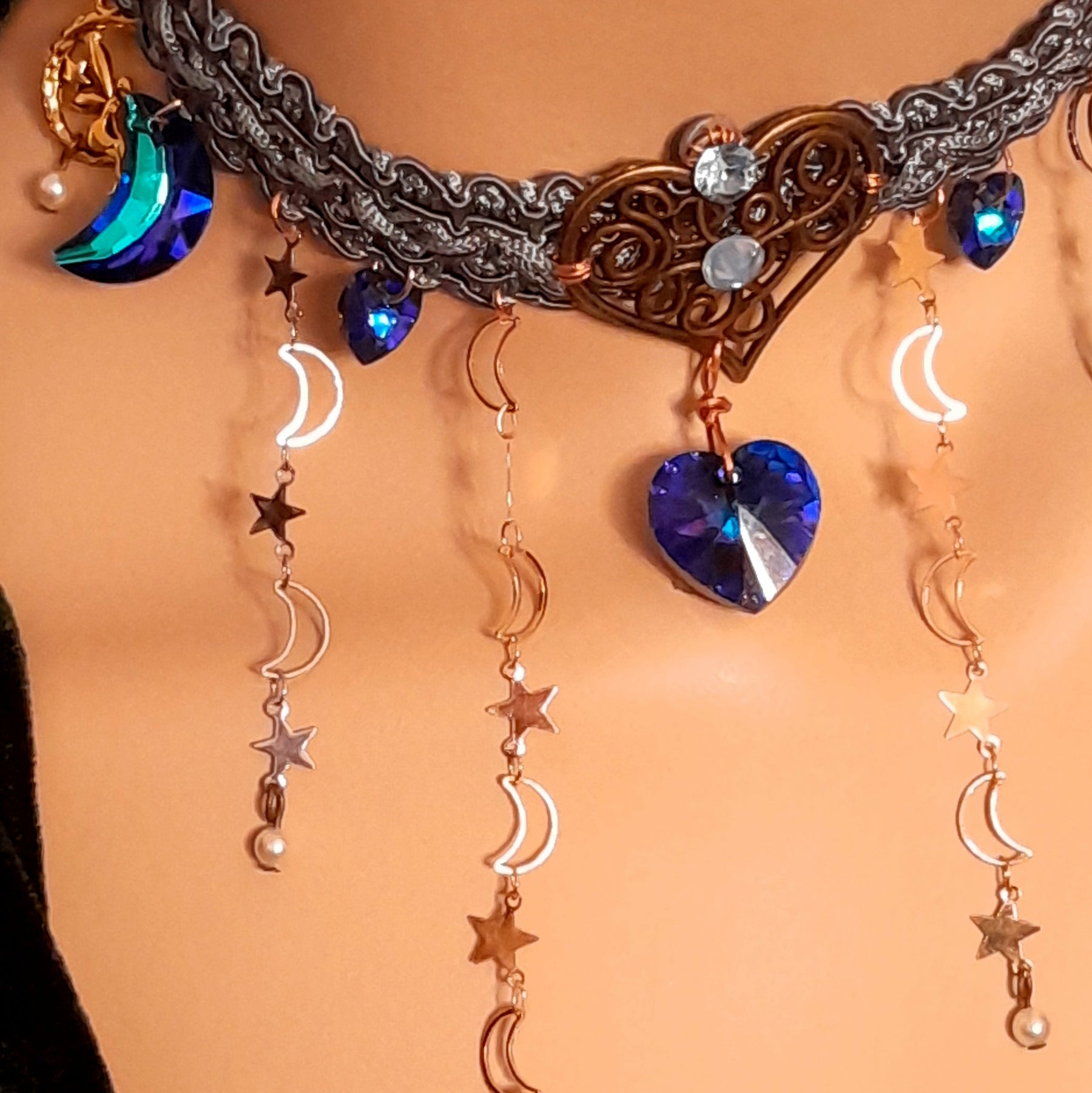 Blue Swarovski crystal bridal necklace – magical fantasy celestial blue fabric choker wedding jewelry, handmade designer one-of-a-kind Victorian vintage style