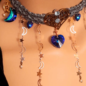 Blue Swarovski crystal bridal necklace – magical fantasy celestial blue fabric choker wedding jewelry, handmade designer one-of-a-kind Victorian vintage style