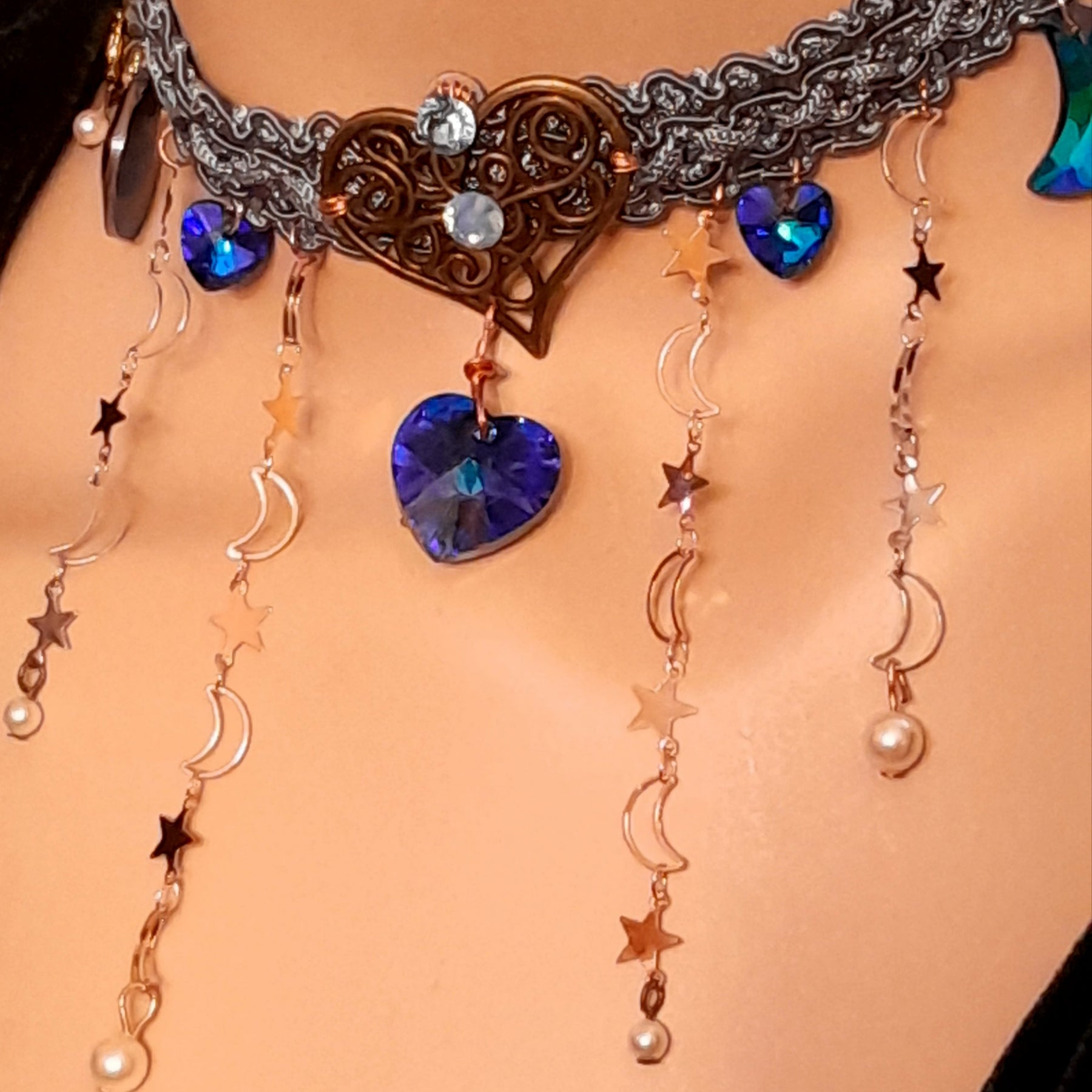Blue Swarovski heart necklace – magical fantasy celestial bridal jewelry with blue fabric choker, handmade designer something blue wedding necklace, Victorian vintage style