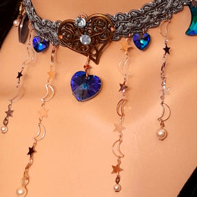 Blue Swarovski heart necklace – magical fantasy celestial bridal jewelry with blue fabric choker, handmade designer something blue wedding necklace, Victorian vintage style