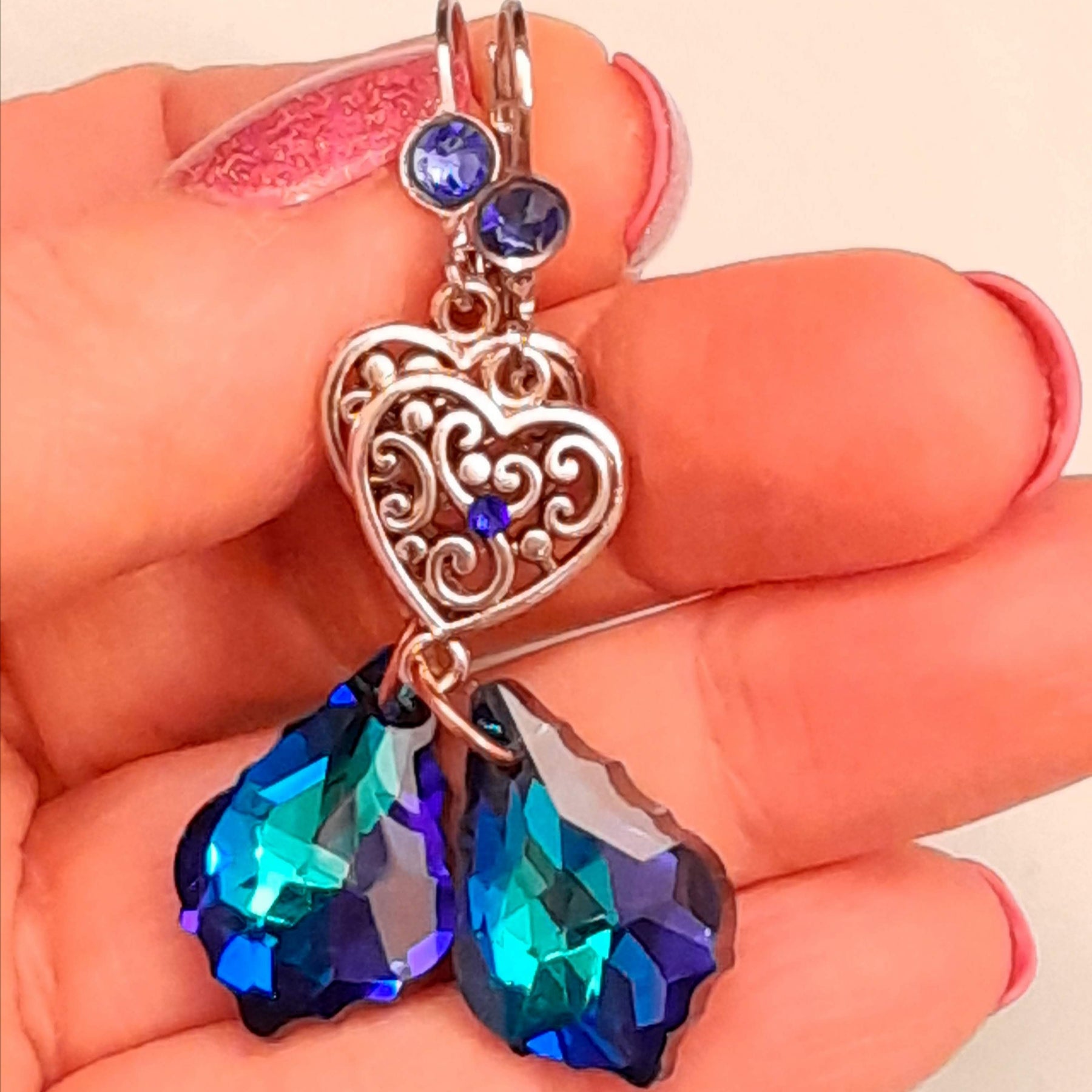 Vintage style handmade designer blue-turquoise baroque Swarovski crystal earrings — something blue bridal earrings, Victorian style wedding jewelry