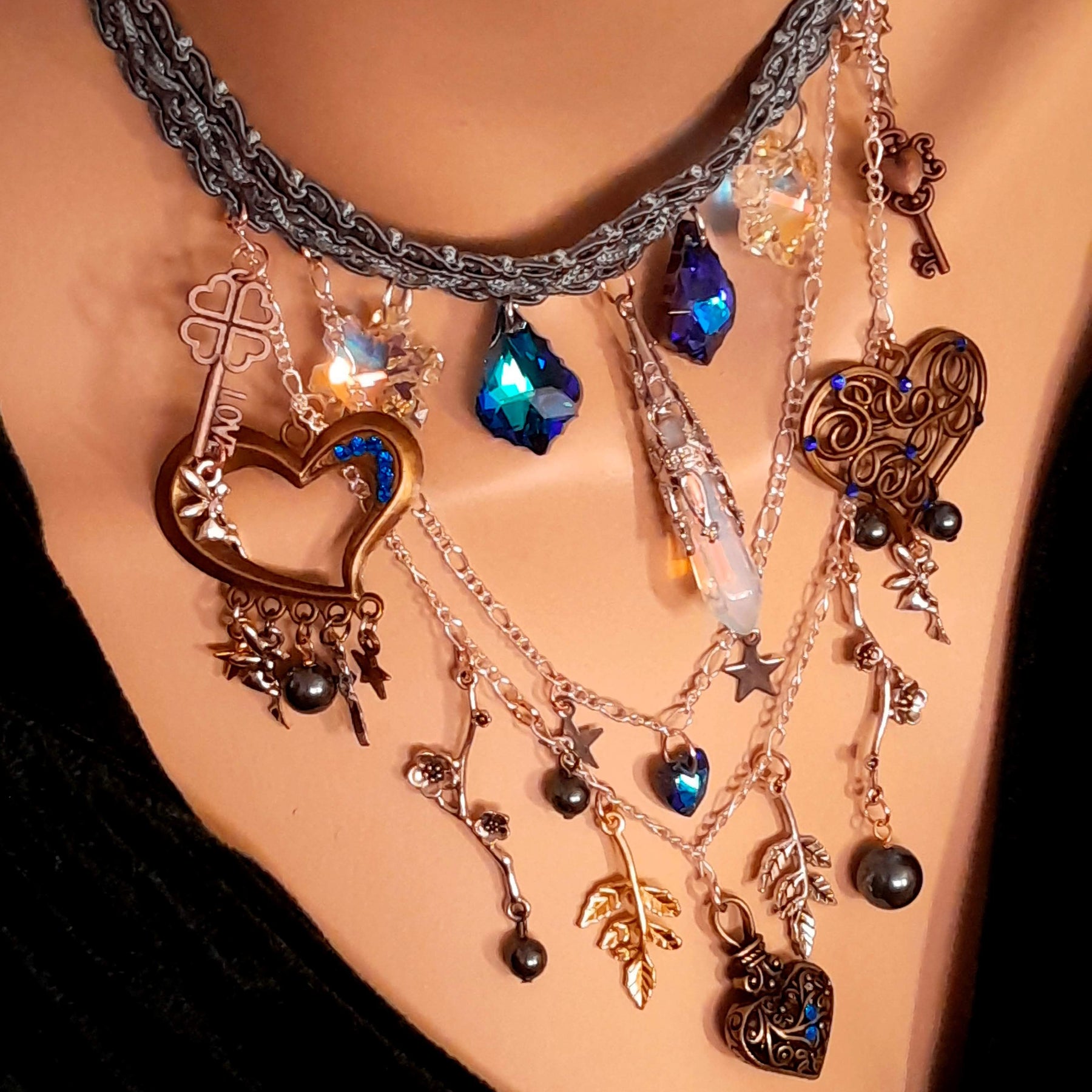 Bohemian something blue necklace – magical fantasy handmade designer bridal choker with world-renowned genuine Swarovski blue crystal hearts, fairies, and flowers, boho chic vintage style