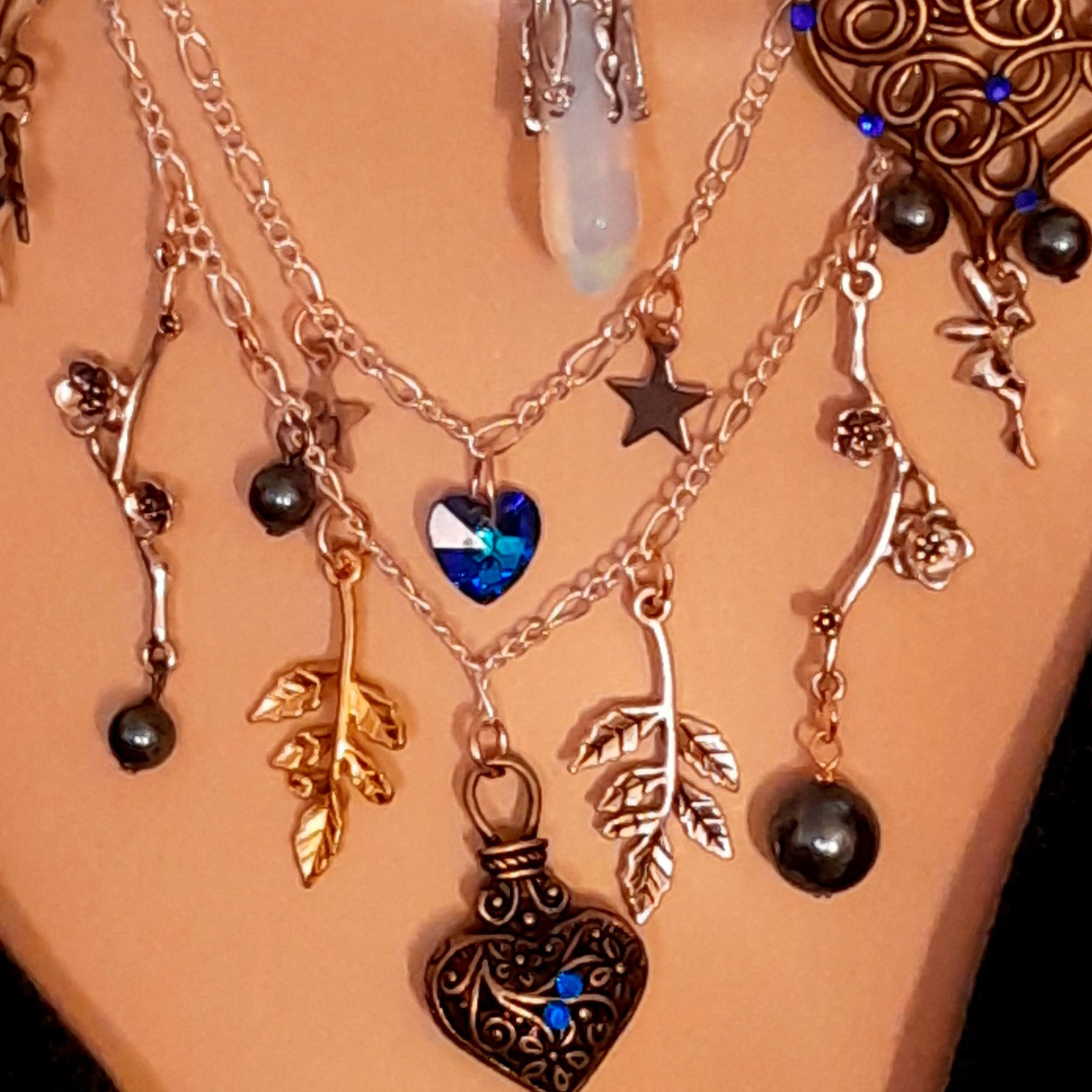 Boho bridal choker – magical fantasy something blue wedding jewelry with world-renowned genuine Swarovski blue crystal hearts and flower charms, handmade designer chic Victorian style