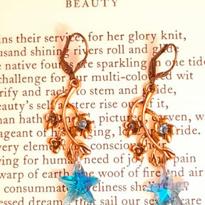 Botanical nature earrings featuring turquoise Swarovski crystal stars and dimensional flowers, Victorian style and vintage style earrings by Rachel Flam Design