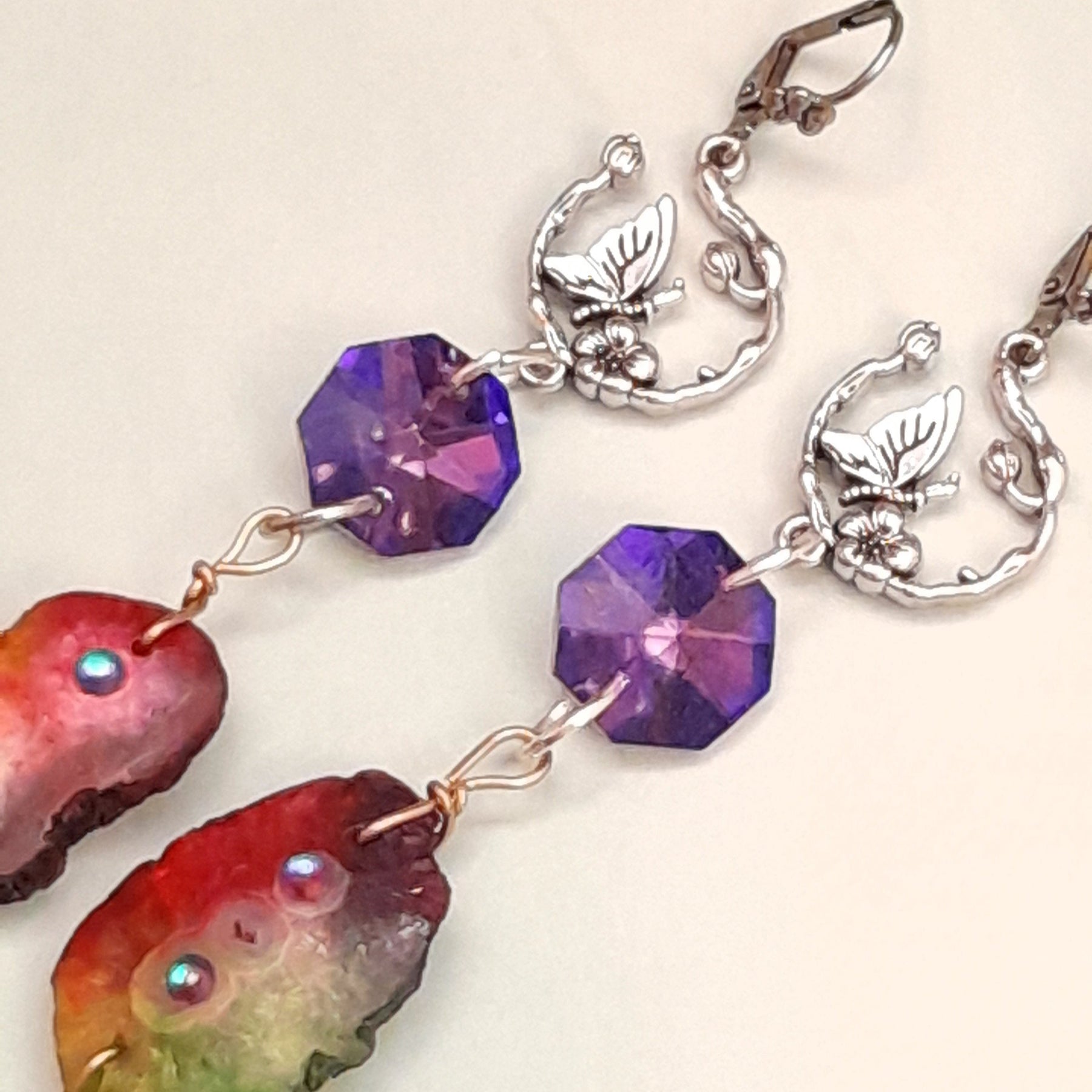 Magical multicolor rainbow long dangle earrings handmade fantasy Victorian style vintage style Swarovski crystal earrings
