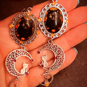 Rachel Flam Design cat moon earrings with fairy details on the reverse and colorful Swarovski crystal accents, Halloween fantasy jewelry in Victorian style and vintage style.