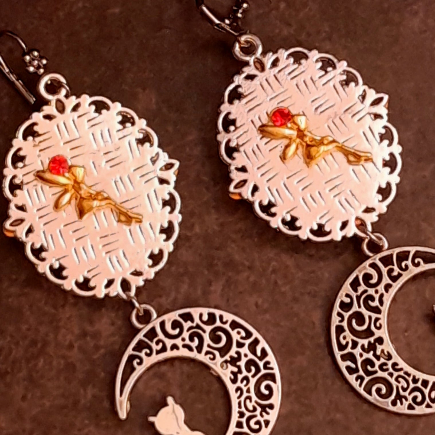 Cat Moon long dangle earrings Hyacinth Swarovski crystals handmade Victorian style Rachel Flam design 