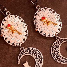 Cat Moon long dangle earrings Hyacinth Swarovski crystals handmade Victorian style Rachel Flam design 