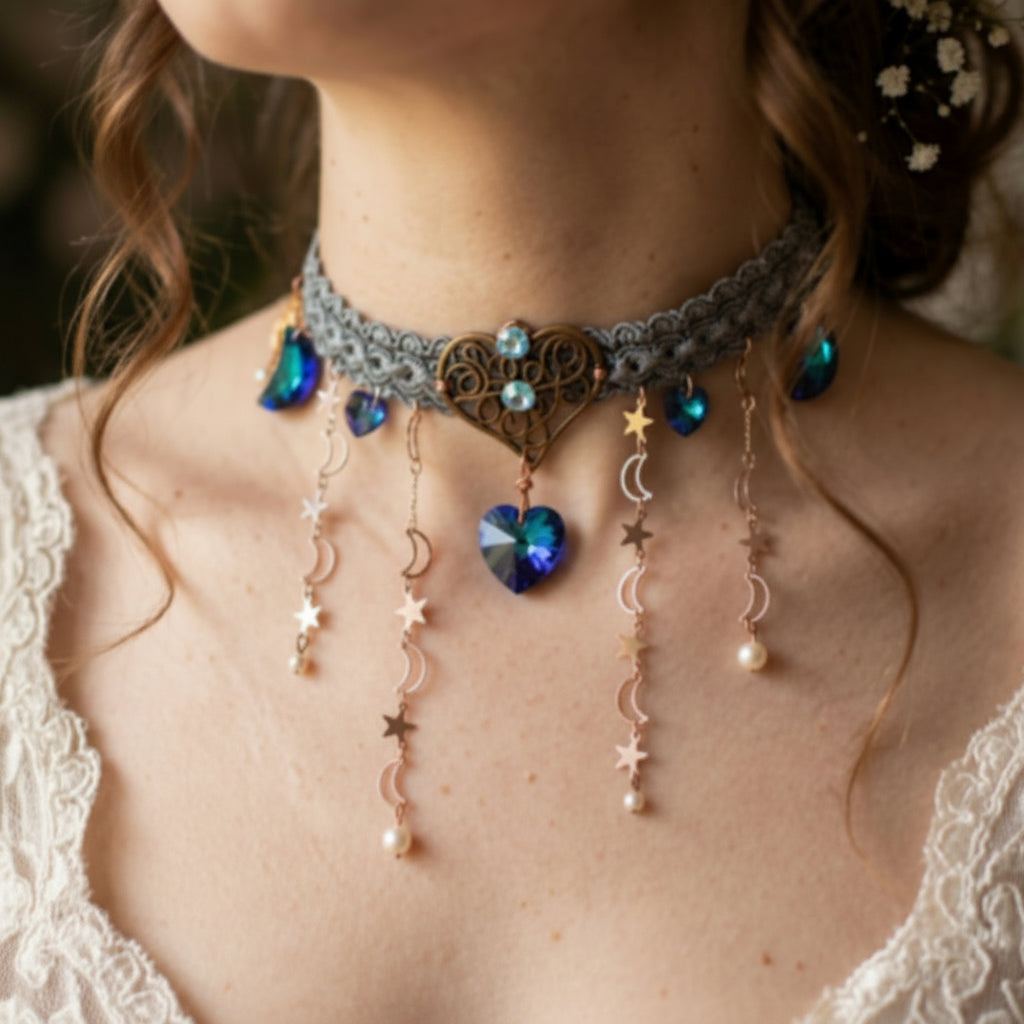Celestial blue choker necklace – something blue bridal jewelry with world-renowned genuine blue Swarovski crystals and heart charms, magical fantasy handmade designer vintage style