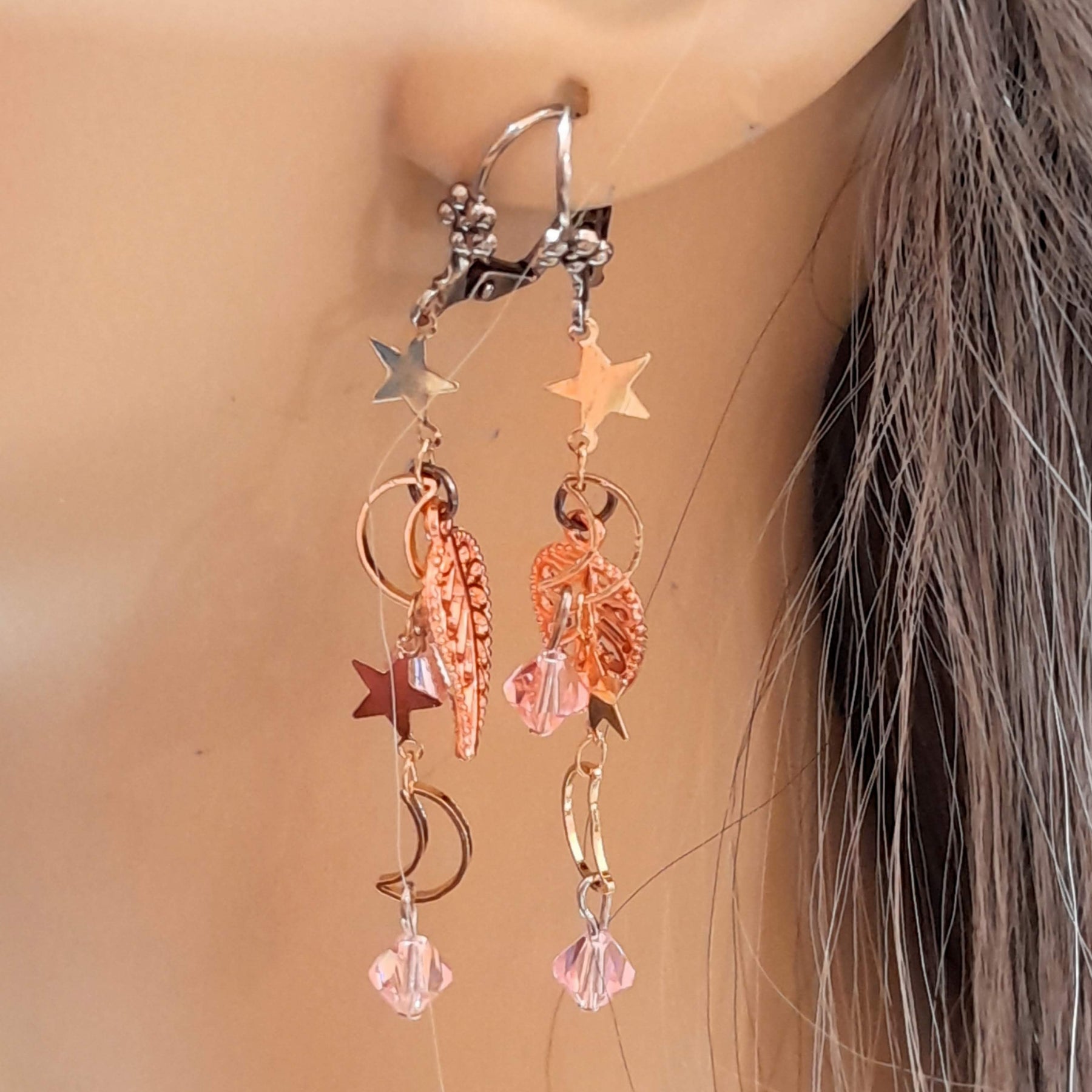 Magical vintage style celestial wedding earrings — world-renowned genuine Swarovski AB crystals, rose gold leaves, handmade designer bridal jewelry, Victorian style