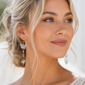 Celestial bridal earrings lifestyle photo — magical fantasy something blue wedding earrings with turquoise crystal accents
