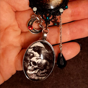 Celestial Halloween fairy necklace with moon and star charms, Swarovski jet black crystals, Victorian style, vintage style