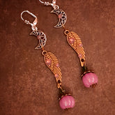 Handmade magical fantasy earrings featuring crescent moon charms, angel wings, lavender Swarovski crystals, and pumpkin drops, Victorian style vintage style jewelry