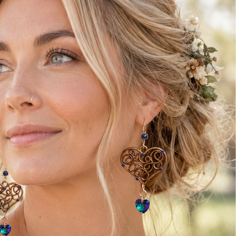 Victorian style handmade designer chandelier earrings with Swarovski sapphire hearts — large bridal chandelier earrings, something blue, vintage style