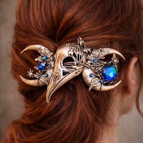 raven skull swarovski blue crystals hair clip