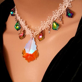 Colorful crystal bridal necklace – magical fantasy statement wedding jewelry with large baroque Swarovski crystal and multicolor crystals, handmade designer high-end choker, vintage Victorian style