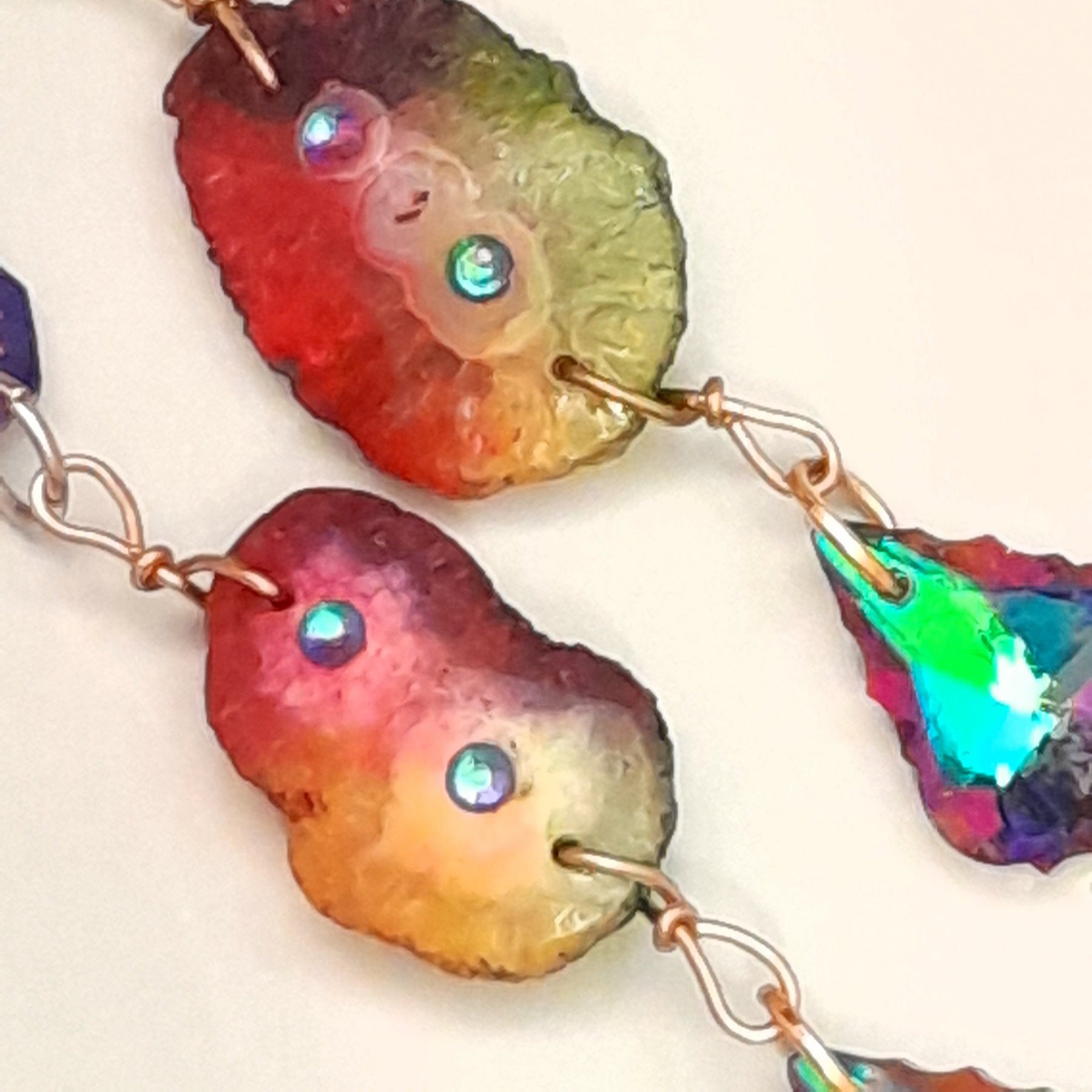 Rainbow long dangle earrings multicolor handmade magical fantasy Victorian vintage style Swarovski crystals statement jewelry