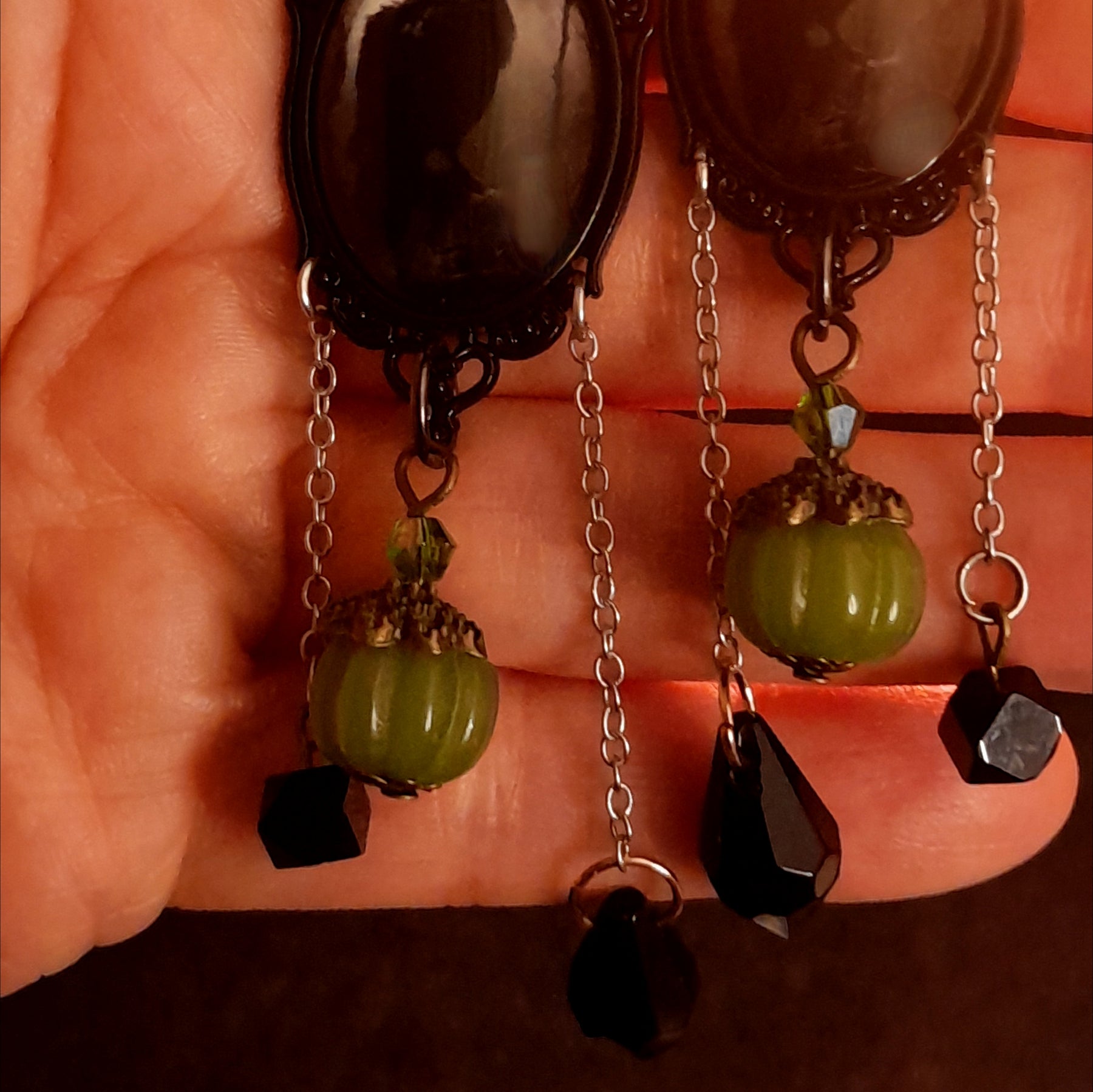Crow woodland crystal drop earrings with green pumpkins and black Swarovski sparkle in Victorian style and vintage style by Rachel Flam Design