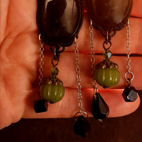 Crow woodland crystal drop earrings with green pumpkins and black Swarovski sparkle in Victorian style and vintage style by Rachel Flam Design