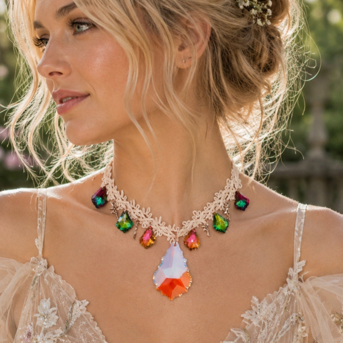 Crystal fairy wedding necklace – handmade designer statement bridal necklace with large baroque Swarovski crystal and multicolor crystals, magical fantasy vintage style