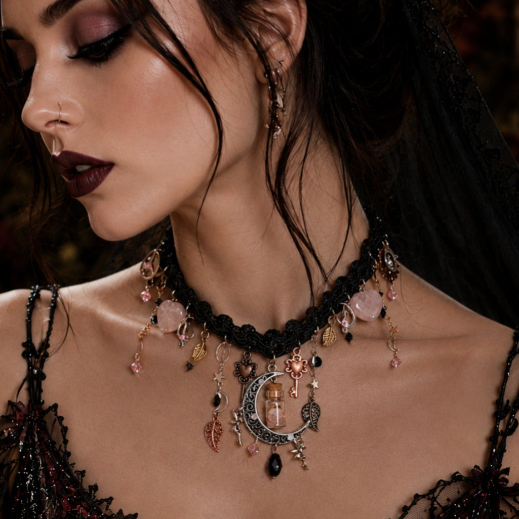 Dark romantic wedding necklace – magical fantasy black fabric choker with Swarovski jet black crystals, celestial moon and fairy charms, handmade designer gothic bridal jewelry, vintage style