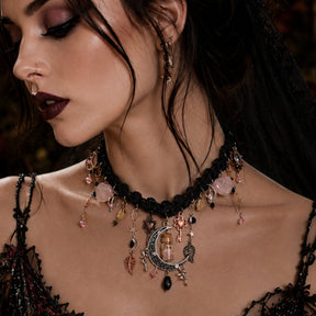 Dark romantic wedding necklace – magical fantasy black fabric choker with Swarovski jet black crystals, celestial moon and fairy charms, handmade designer gothic bridal jewelry, vintage style