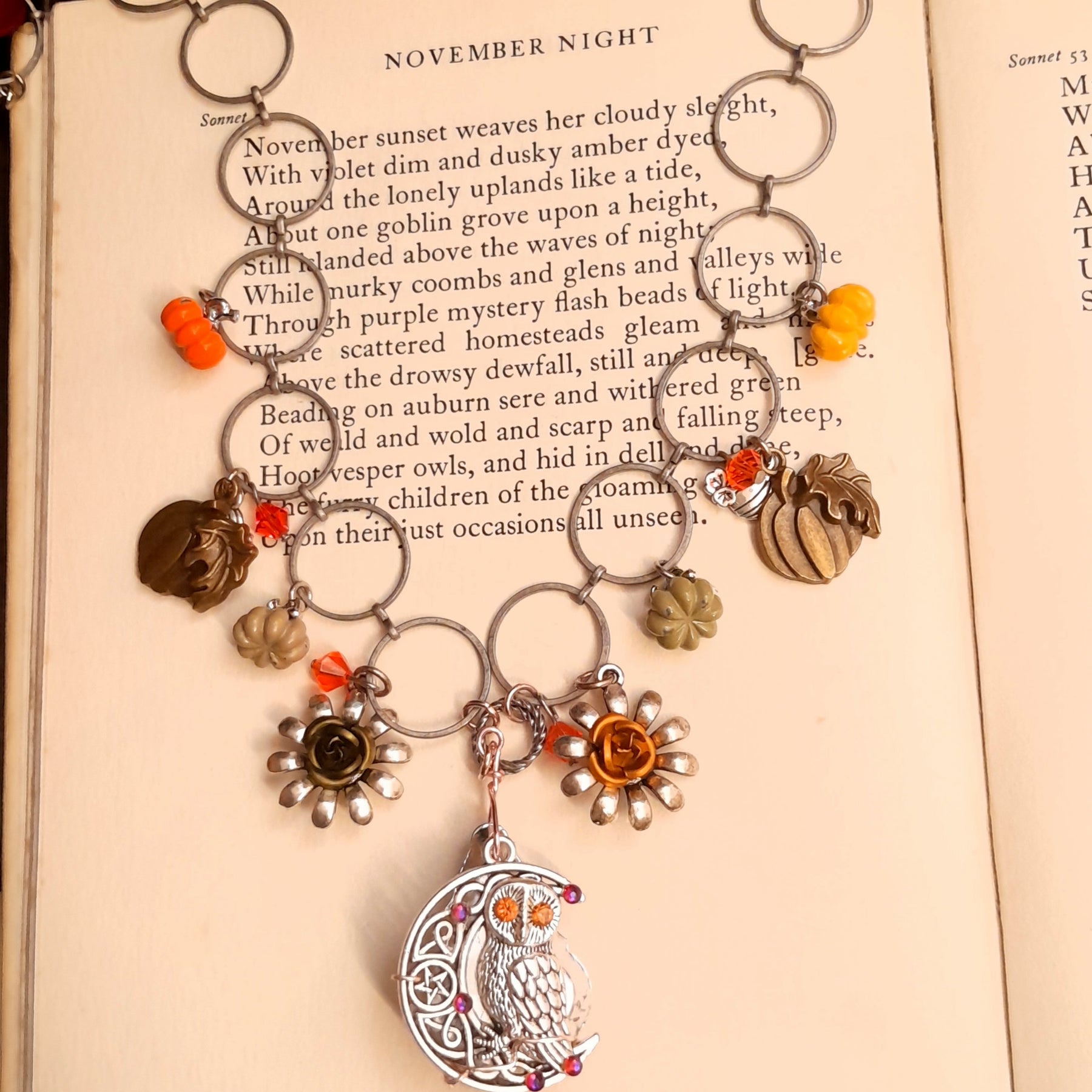 Double-sided Halloween nature necklace with a baroque crystal pendant on the front and an owl crescent moon design on the reverse, Swarovski crystals, Victorian style vintage style handmade jewelry