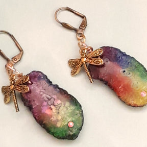 Extra long rainbow dragonfly fairy earrings handmade magical fantasy Victorian style vintage style Swarovski crystals