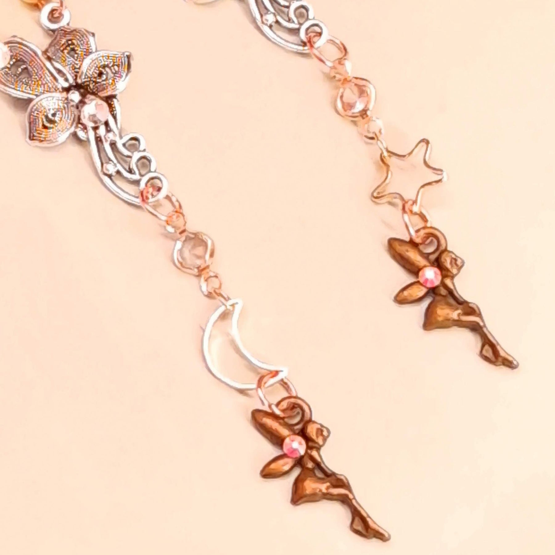 Victorian style vintage style extra long celestial bridal earrings detail view world-renowned genuine Swarovski crystals pearls moon fairy flower handmade designer Rachel Flam Design