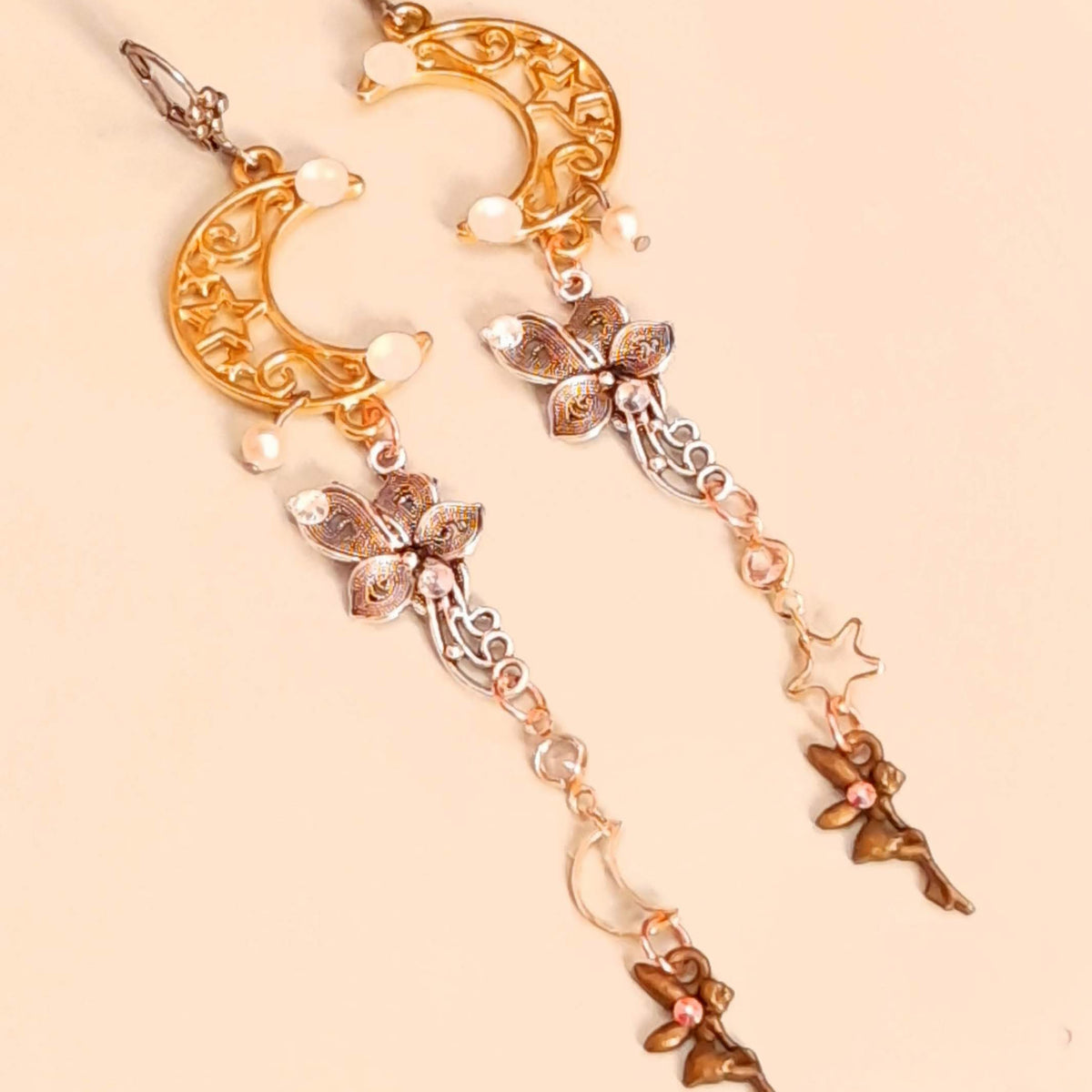 Victorian style vintage style extra long celestial bridal earrings with world-renowned genuine Swarovski crystals and pearls moon star fairy handmade designer Rachel Flam Design