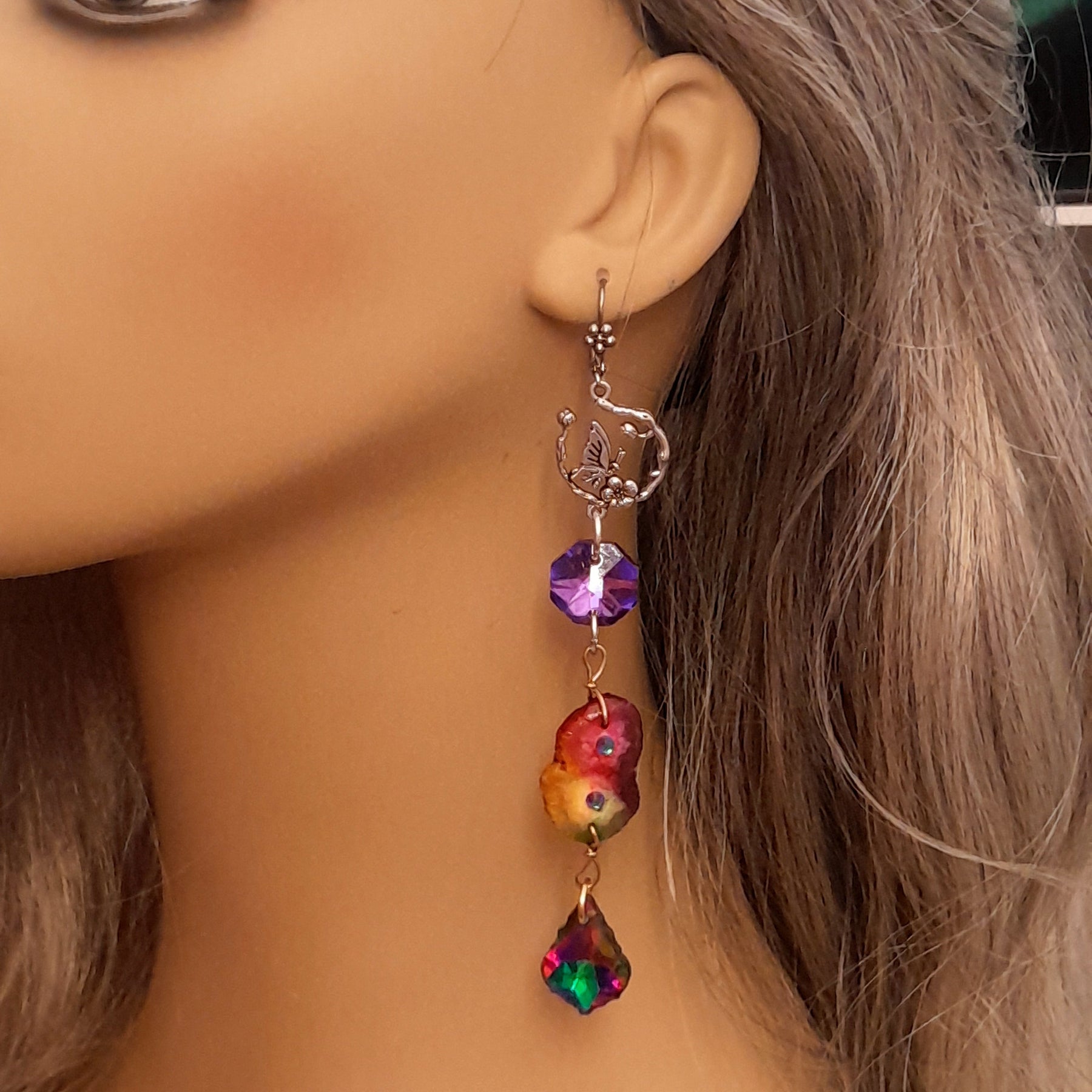 Multicolor rainbow long dangle earrings handmade magical fantasy jewelry Victorian style vintage style Swarovski crystals