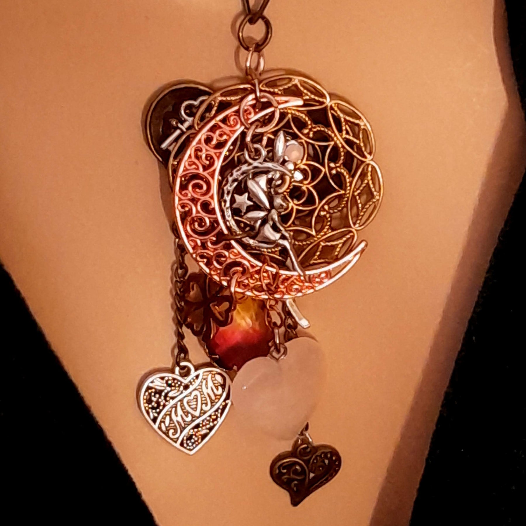 Handmade fairy heart necklace with rose quartz charm and world-renowned genuine Swarovski crystals — vintage style magical gift for mom
