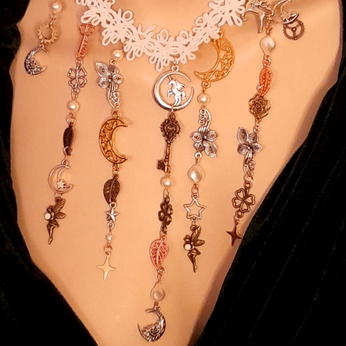 Fantasy celestial wedding necklace – unique handmade designer white fabric choker with Swarovski crystal draping charms, magical boho bridal jewelry, Victorian vintage style