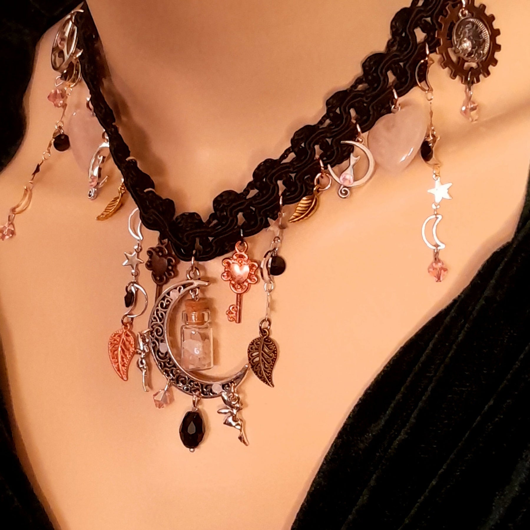 Fantasy gothic bridal necklace – magical dark romantic black fabric choker with Swarovski crystals, crescent moon, fairy charms, and rose quartz, handmade designer wedding jewelry, vintage style