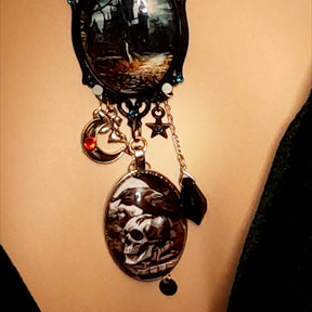 Fantasy Halloween celestial fairy necklace with moon and star charms, Swarovski jet black crystals, vintage style, Victorian style