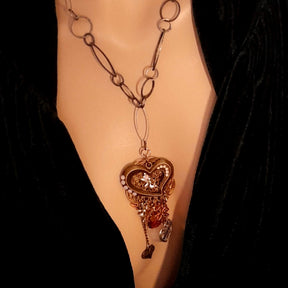 Victorian style fantasy heart necklace with rose quartz and world-renowned genuine Swarovski crystals — handmade love jewelry gift for mom