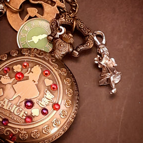 Fantasy pocket watch necklace featuring teapot and clock charms inspired by Alice in Wonderland swarovski crystals handmade jewelry