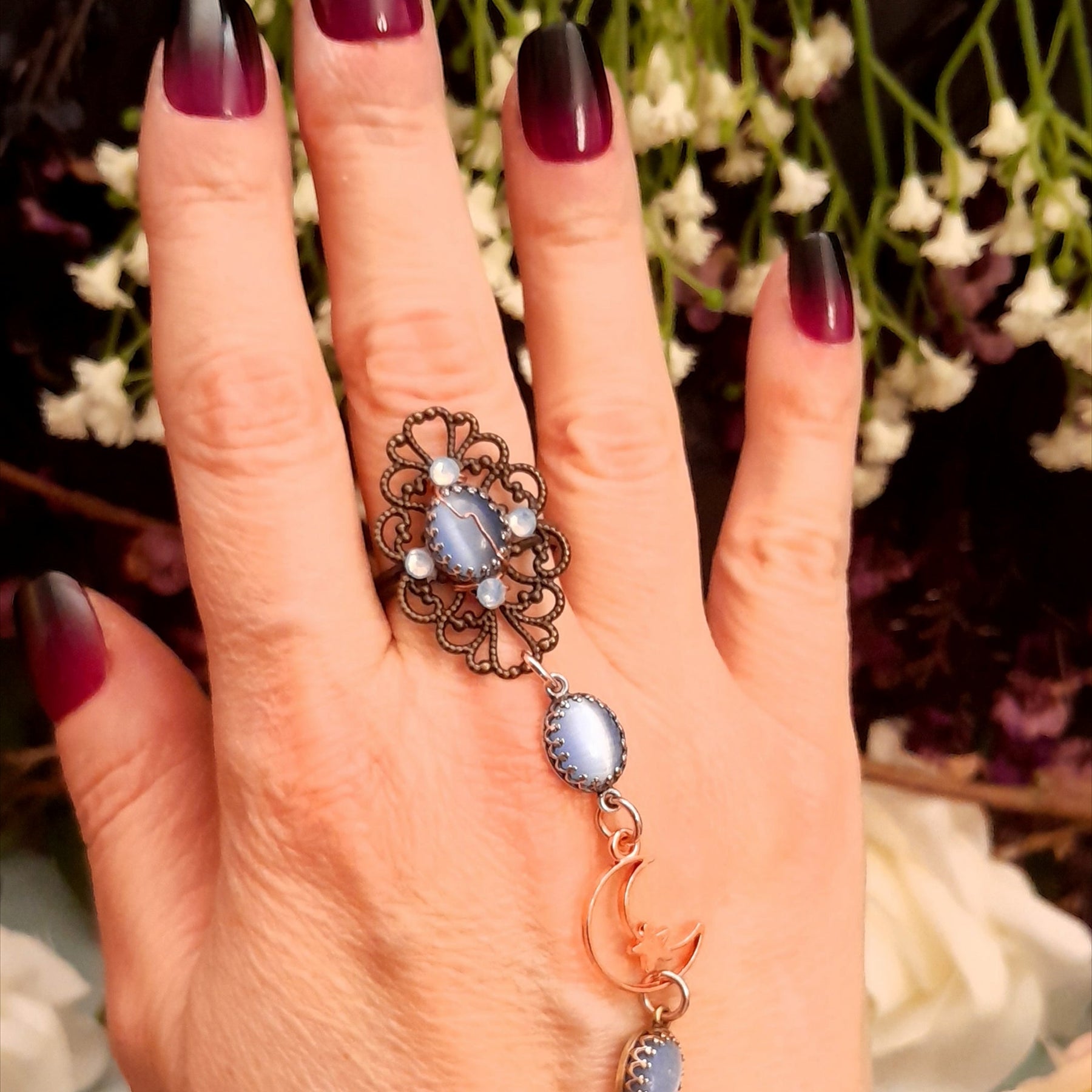 Rachel Flam Design Handmade Slave Bracelet Filigree ring blue cat's eye moon hand made Victorian style antique style 