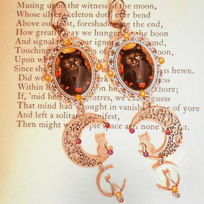 Rachel Flam Design long dangle earrings with framed cat portraits, crescent moons and cat silhouettes, Halloween jewelry in Victorian style and vintage style.