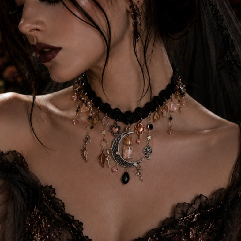 Gothic bridal necklace – magical fantasy black fabric choker with world-renowned genuine Swarovski jet black and pink crystals, handmade designer dark romantic wedding jewelry, vintage style