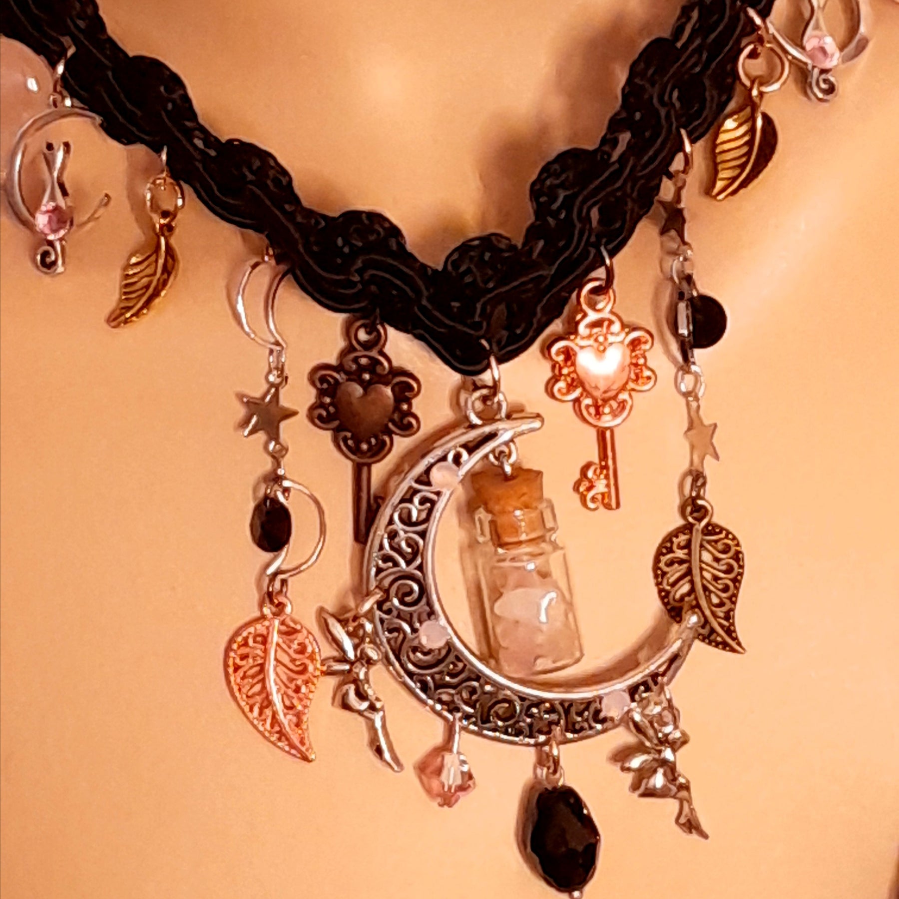 Gothic wedding jewelry – magical fantasy dark romantic black fabric choker necklace with Swarovski crystals and fairy charms, handmade designer bridal jewelry, Victorian vintage style